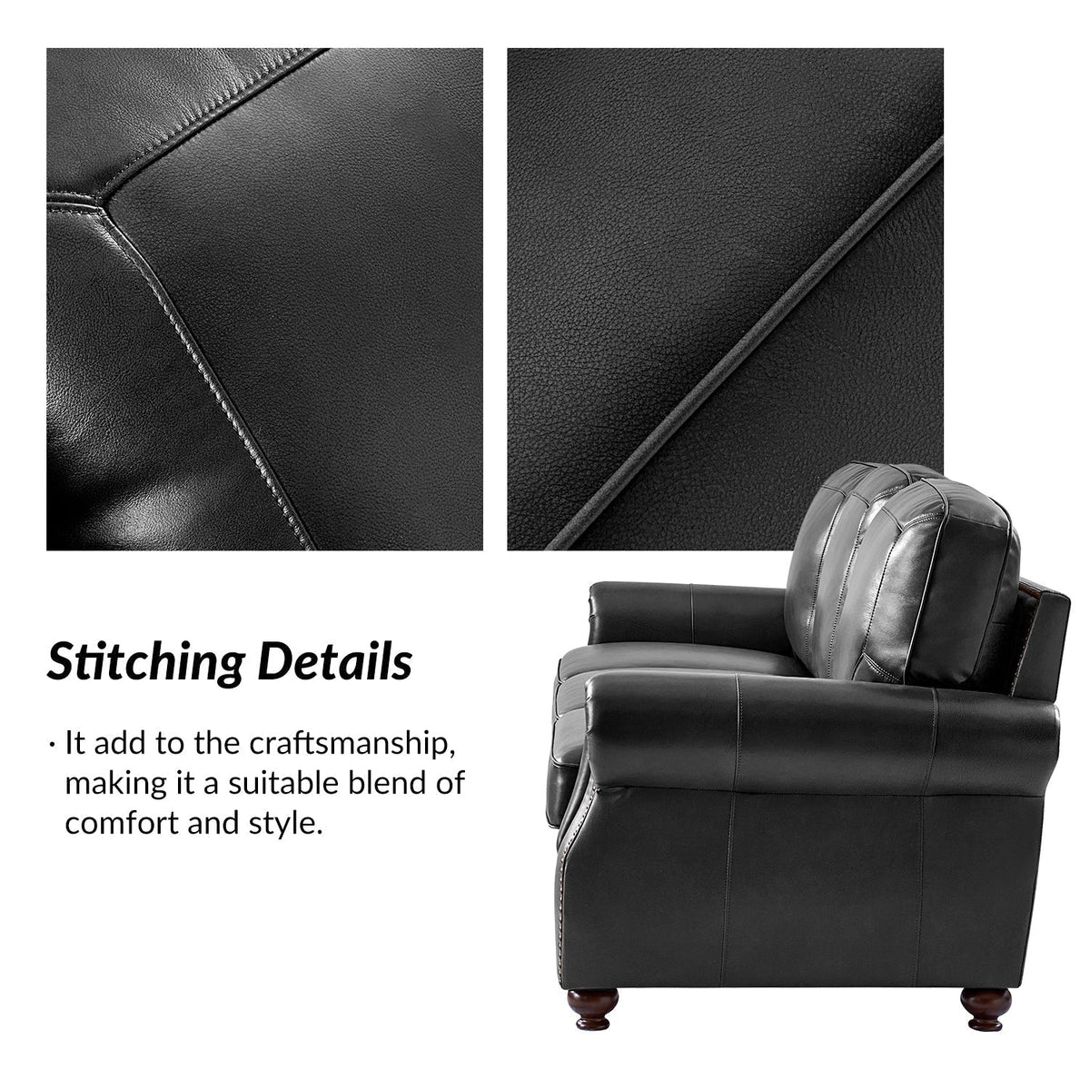 Gerardo Genuine Leather Sofa – Black Rolled Arm Nailhead Sofa