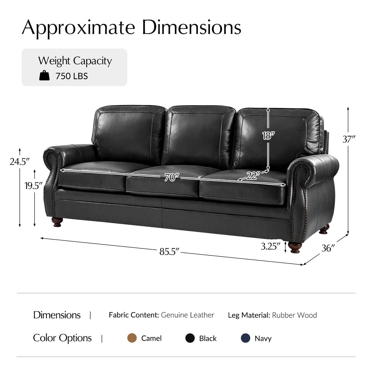 Gerardo Genuine Leather Sofa – Black Rolled Arm Nailhead Sofa
