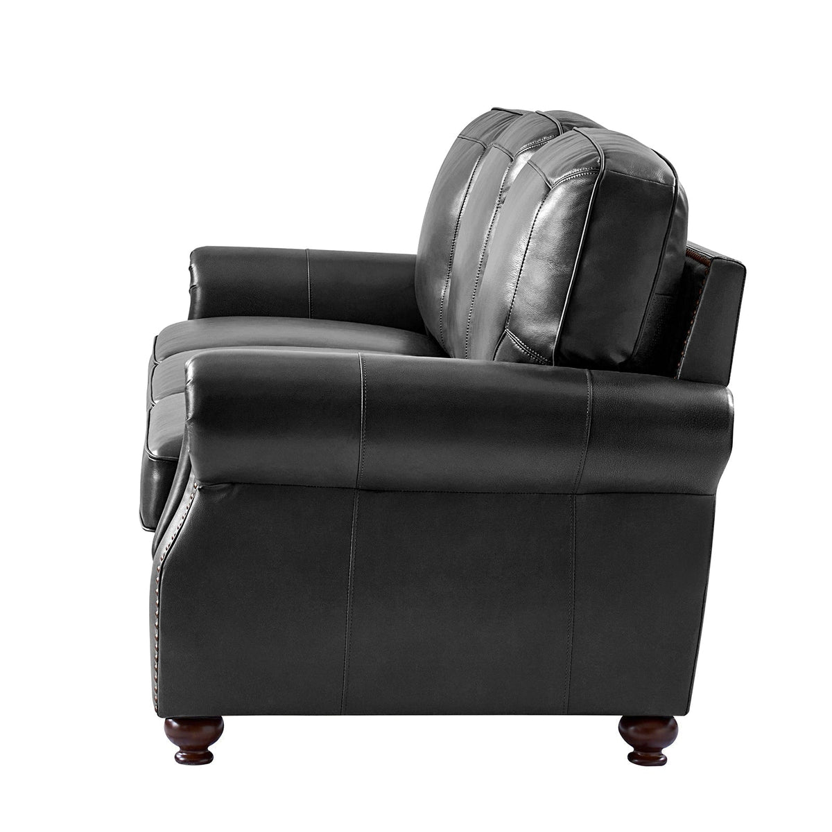 Gerardo Genuine Leather Sofa – Black Rolled Arm Nailhead Sofa