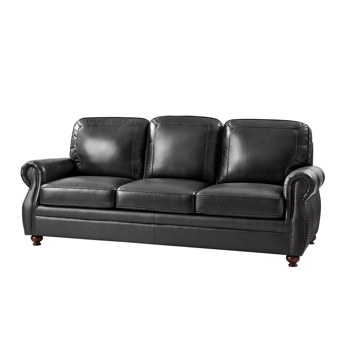 Gerardo Genuine Leather Sofa – Black Rolled Arm Nailhead Sofa