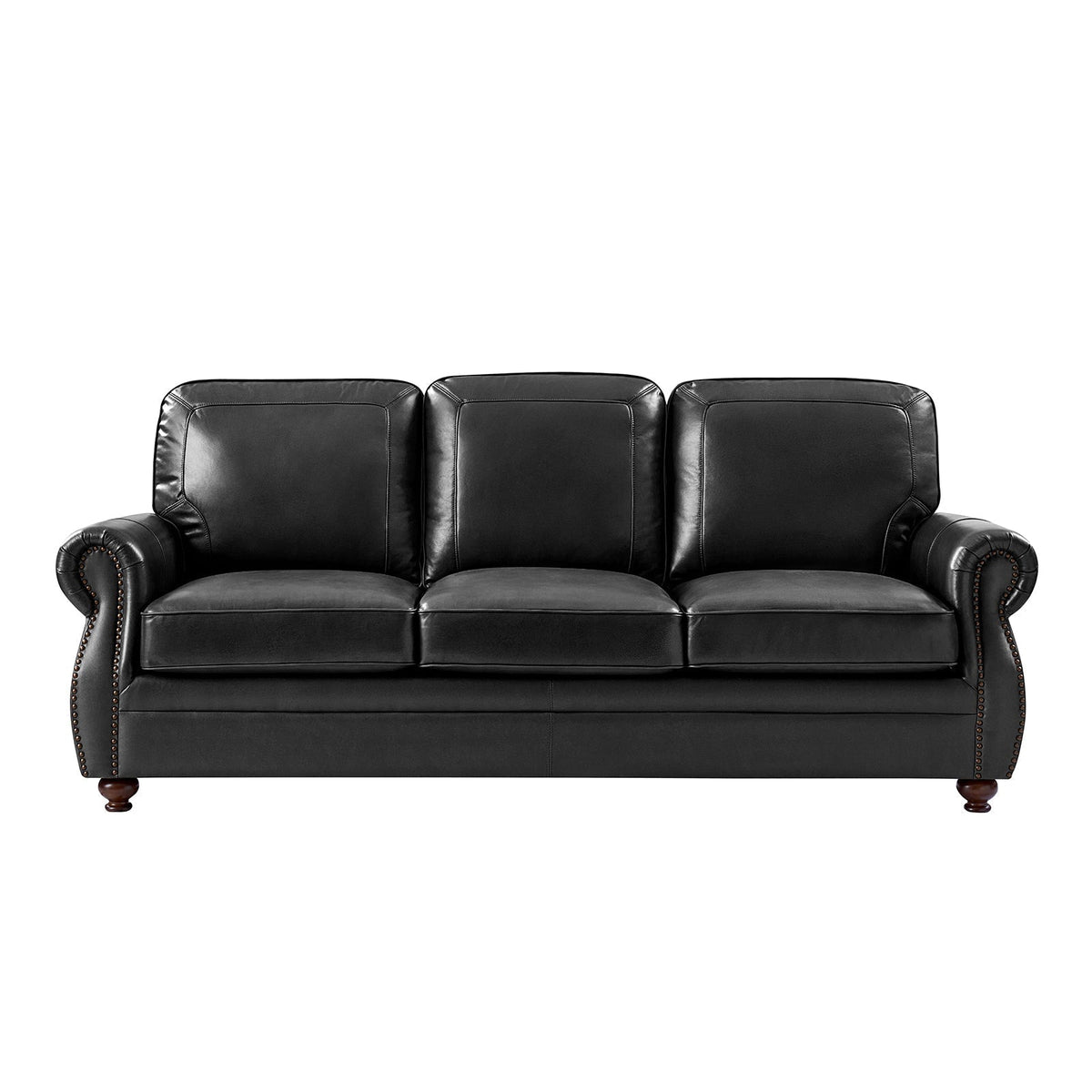 Gerardo Genuine Leather Sofa – Black Rolled Arm Nailhead Sofa