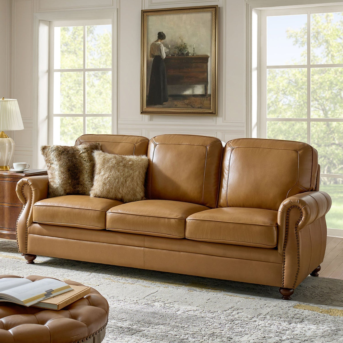 Gerardo Genuine Leather Sofa – Camel Rolled Arm Nailhead Sofa