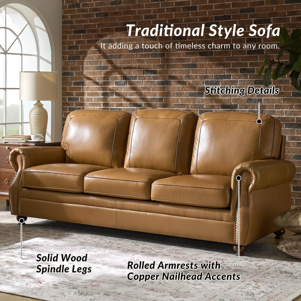 Gerardo Genuine Leather Sofa – Camel Rolled Arm Nailhead Sofa