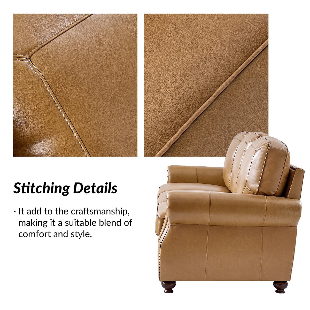 Gerardo Genuine Leather Sofa – Camel Rolled Arm Nailhead Sofa