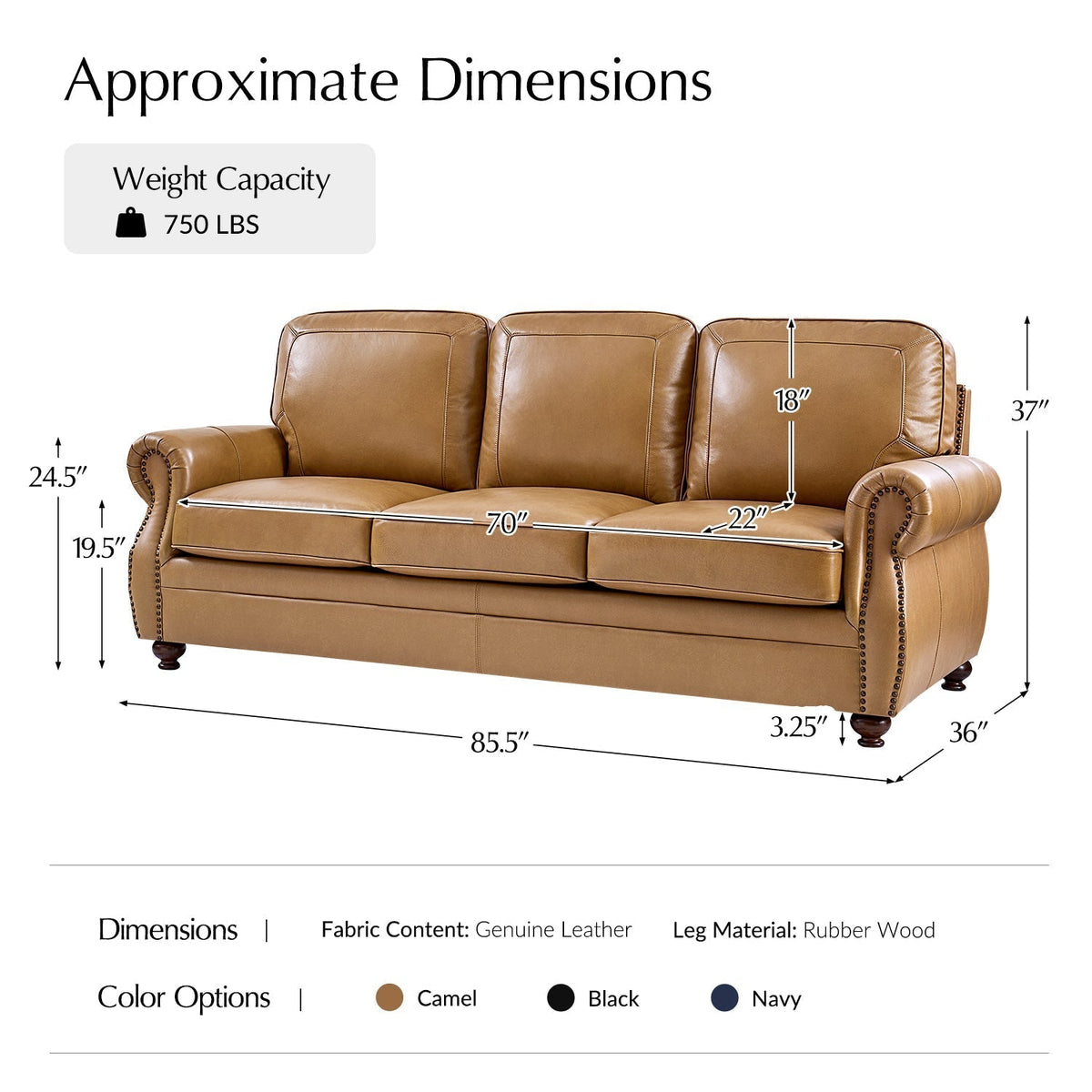 Gerardo Genuine Leather Sofa – Camel Rolled Arm Nailhead Sofa
