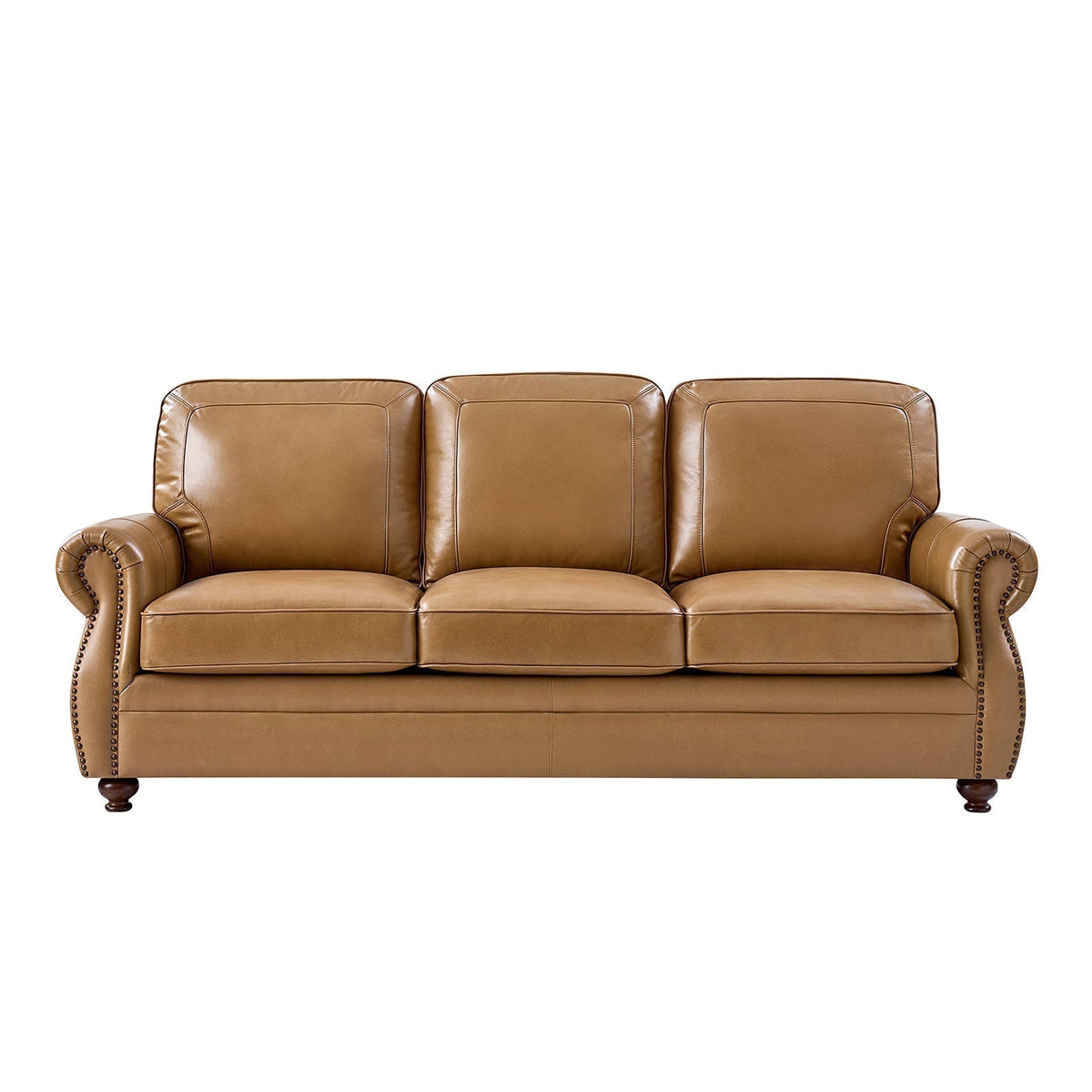 Gerardo Genuine Leather Sofa – Camel Rolled Arm Nailhead Sofa