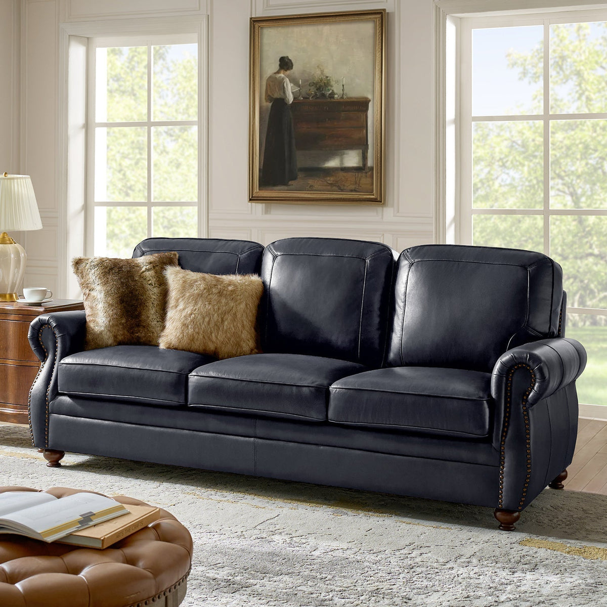 Gerardo Genuine Leather Sofa – Navy Blue Rolled Arm Nailhead Sofa