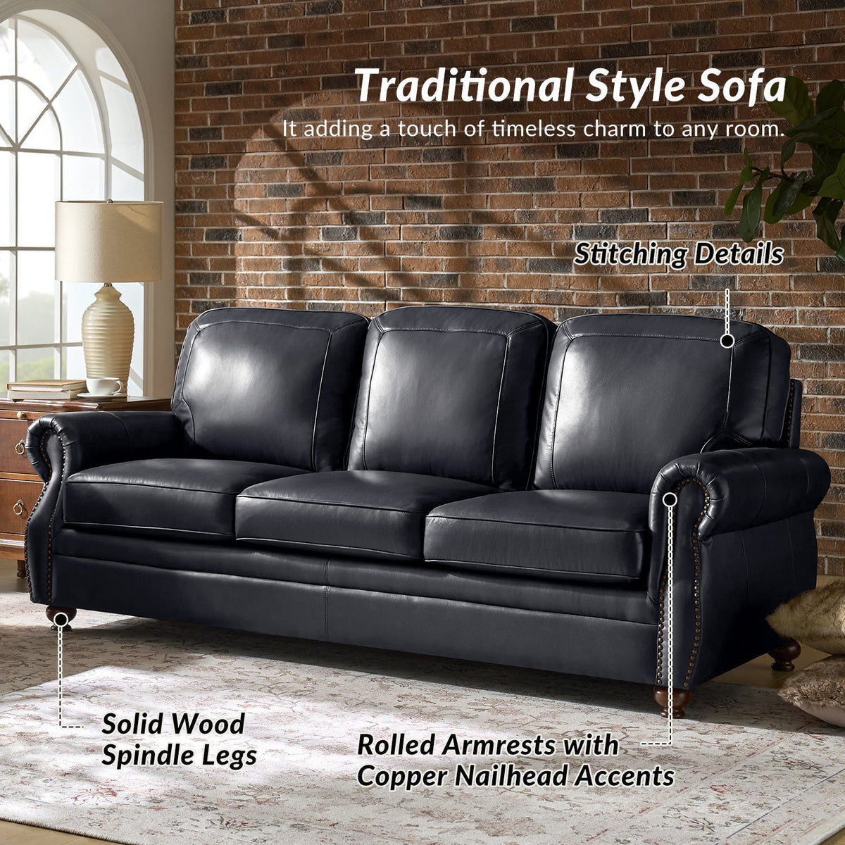 Gerardo Genuine Leather Sofa – Navy Blue Rolled Arm Nailhead Sofa