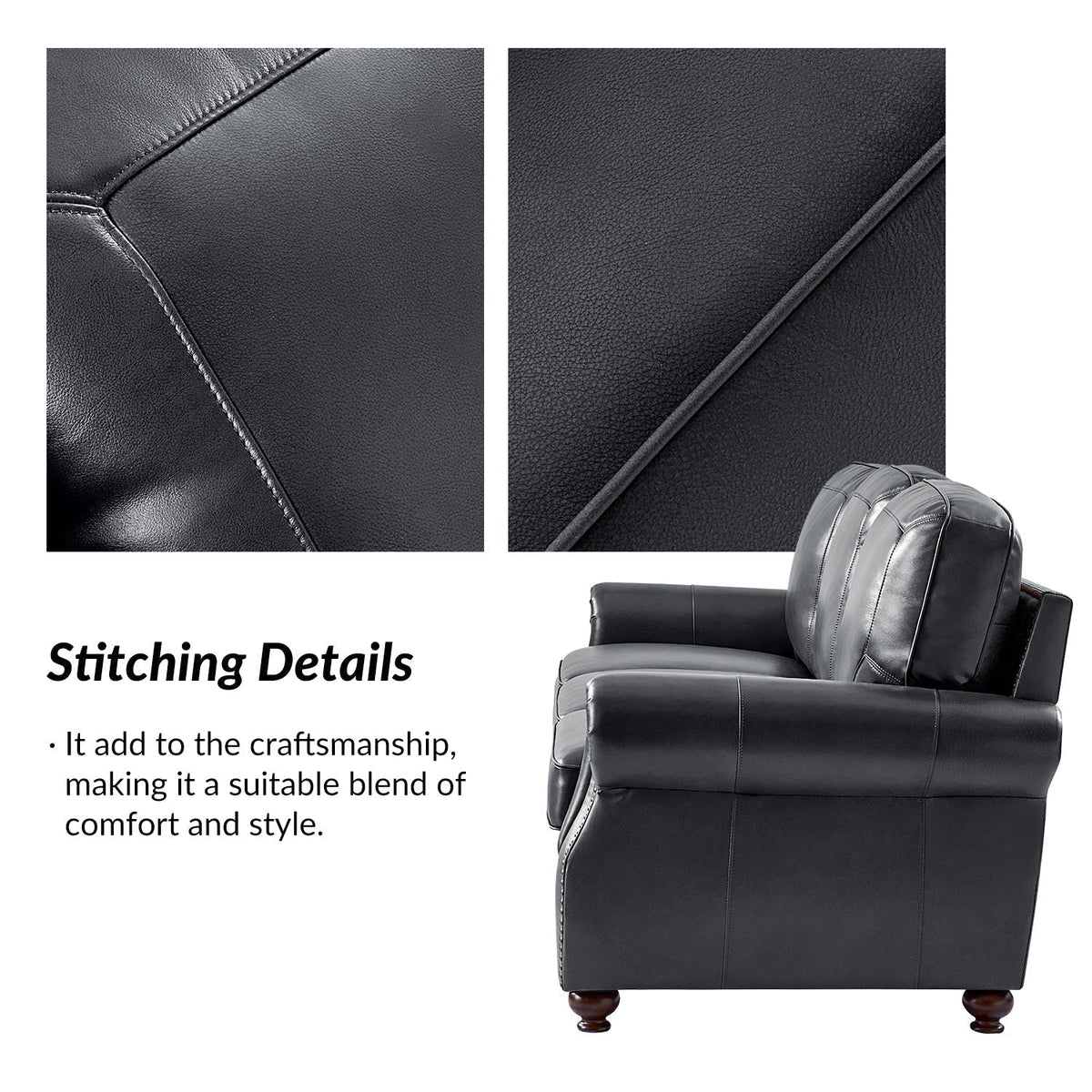 Gerardo Genuine Leather Sofa – Navy Blue Rolled Arm Nailhead Sofa