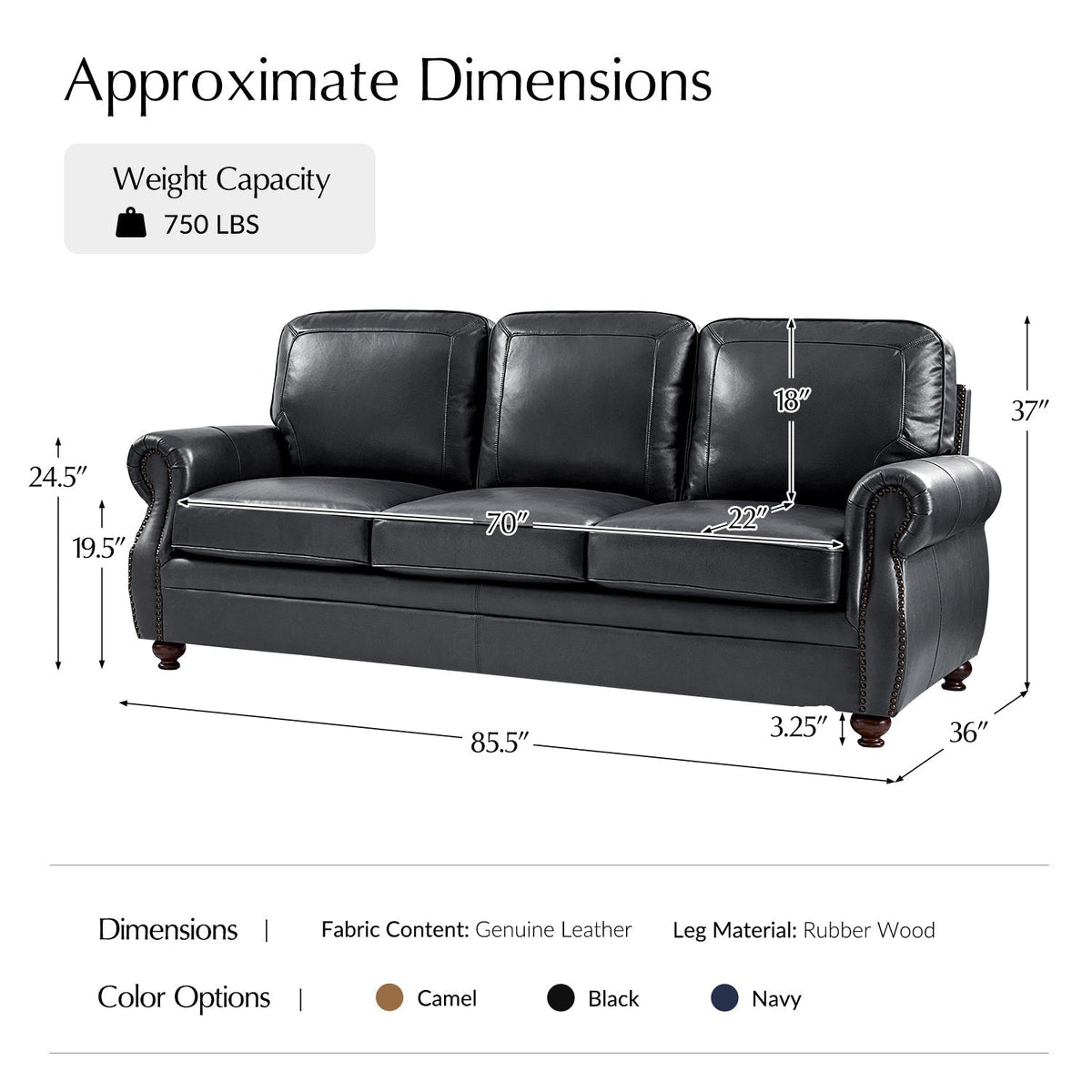 Gerardo Genuine Leather Sofa – Navy Blue Rolled Arm Nailhead Sofa