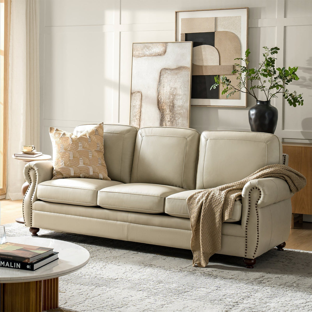 Gerardo Genuine Leather Sofa – Tan Rolled Arm Nailhead Sofa