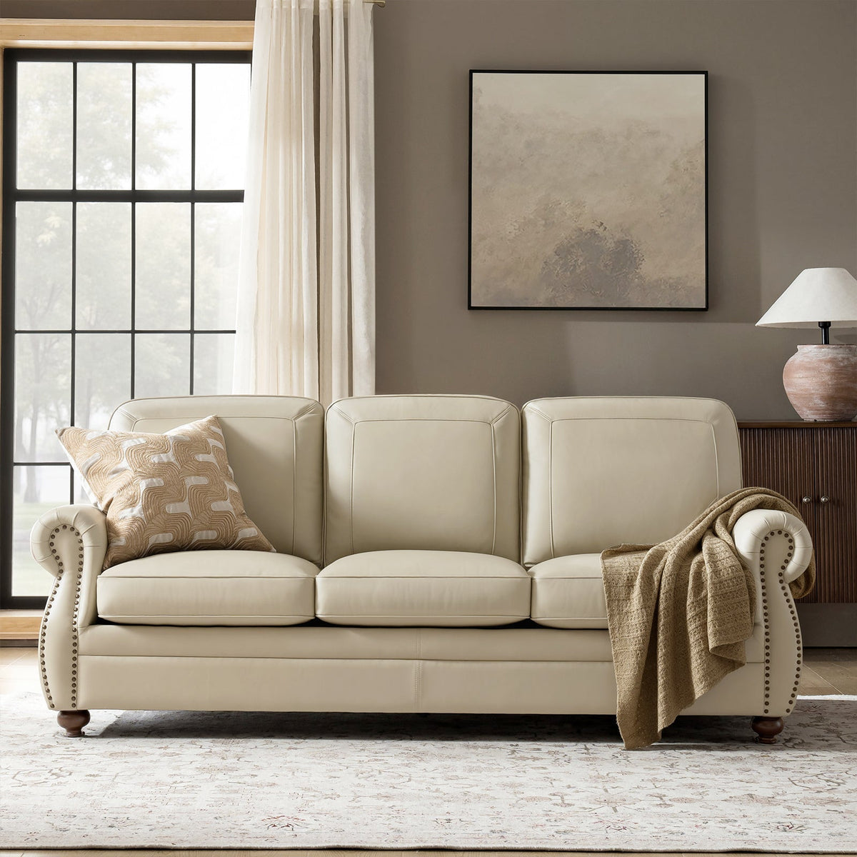 Gerardo Genuine Leather Sofa – Tan Rolled Arm Nailhead Sofa