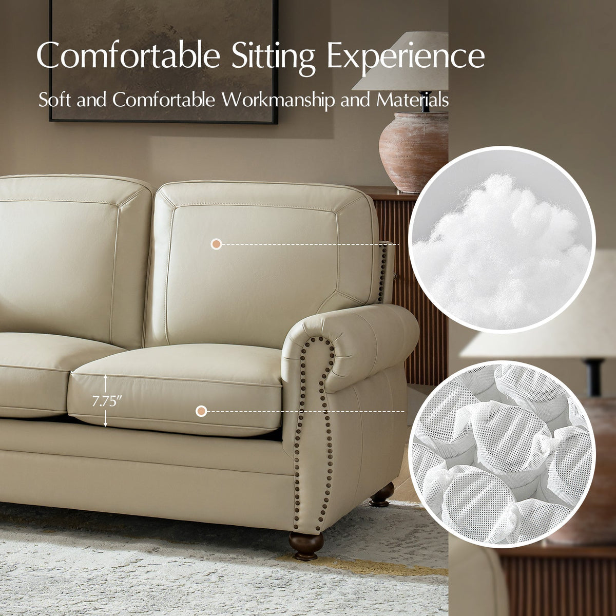 Gerardo Genuine Leather Sofa – Tan Rolled Arm Nailhead Sofa