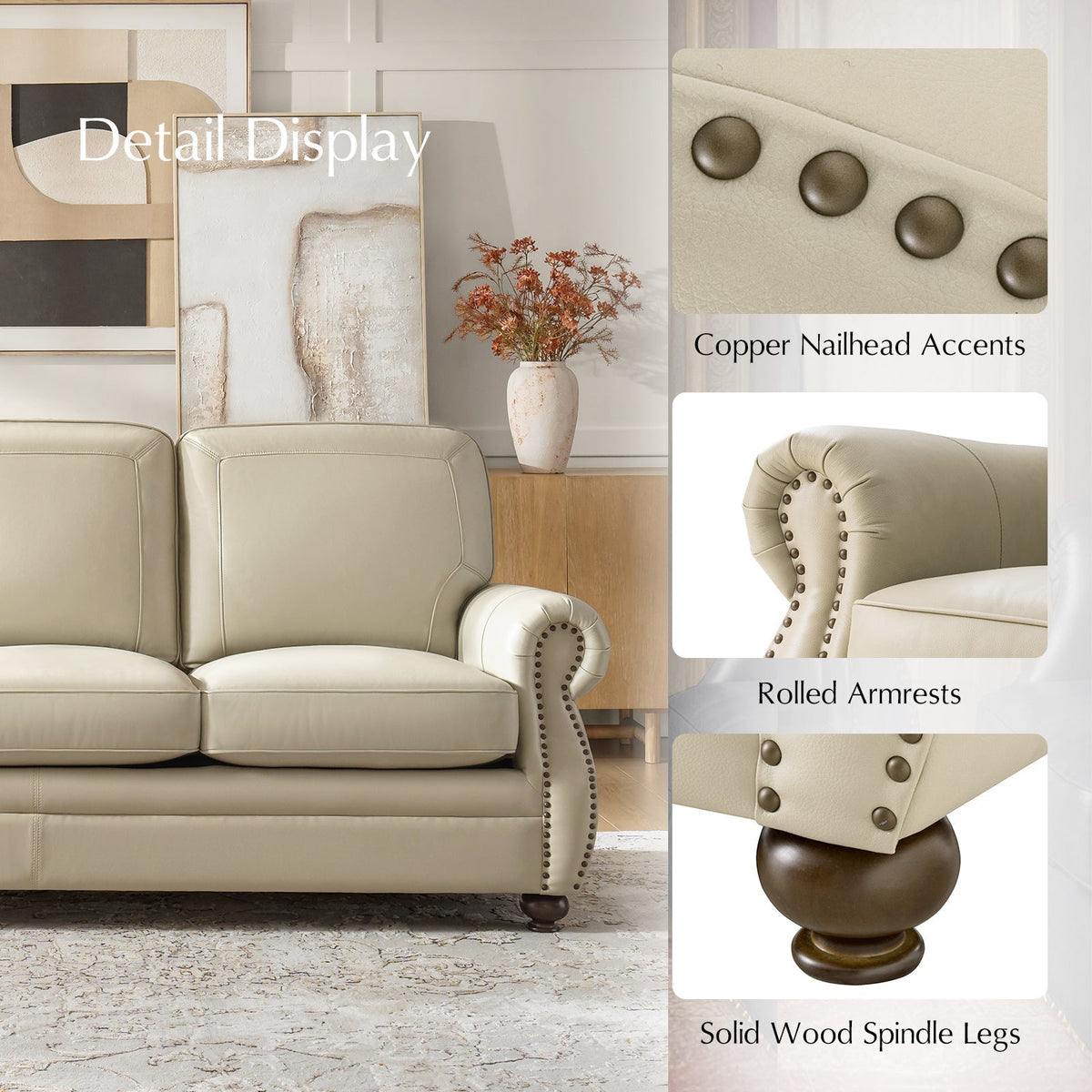 Gerardo Genuine Leather Sofa – Tan Rolled Arm Nailhead Sofa