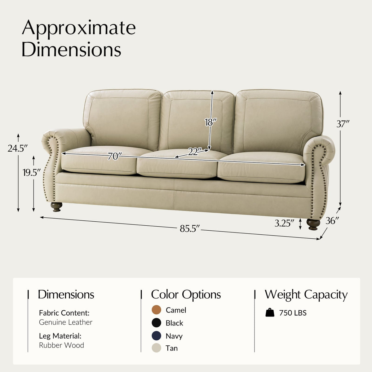 Gerardo Genuine Leather Sofa – Tan Rolled Arm Nailhead Sofa