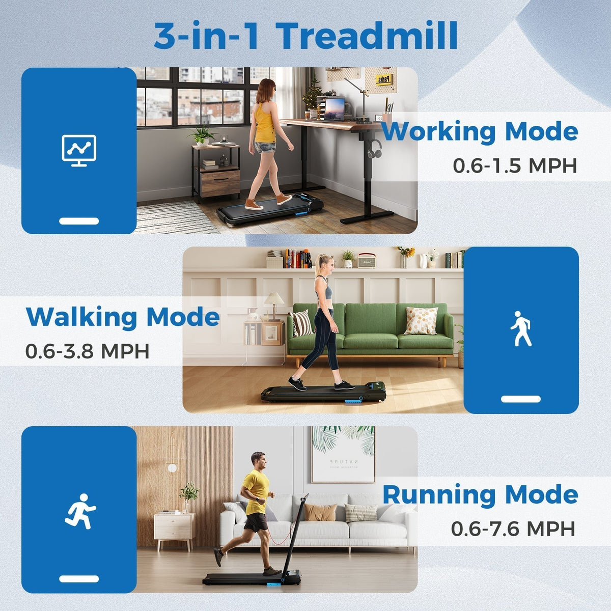 Goplus 3 in 1 Folding Treadmill, 2.5HP 340 LBS Capacity Walking Pad with Handle Bar