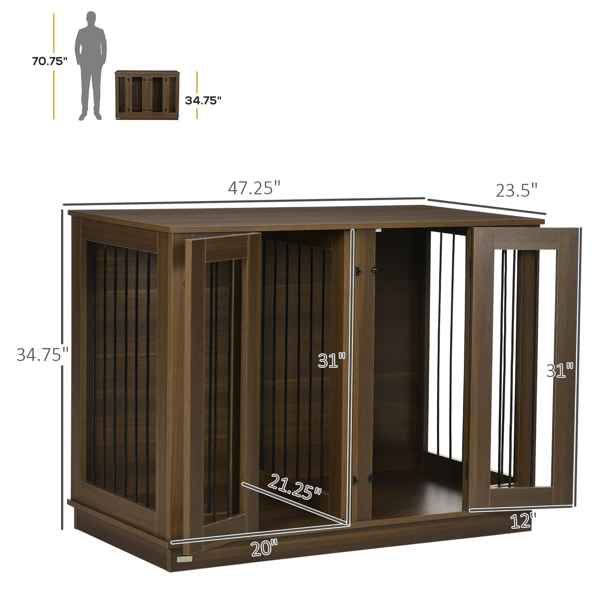 Large Furniture Style Dog Crate with Removable Panel, End Table with Two Rooms Design and Two Front Doors, Walnut, 47" x 23.5" x 35"