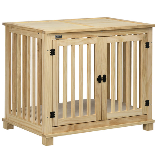 Wooden Dog Crate Furniture with Soft Cushion, Dog Crate End Table with Double Doors, Indoor Pet Crate for Small Medium Dogs