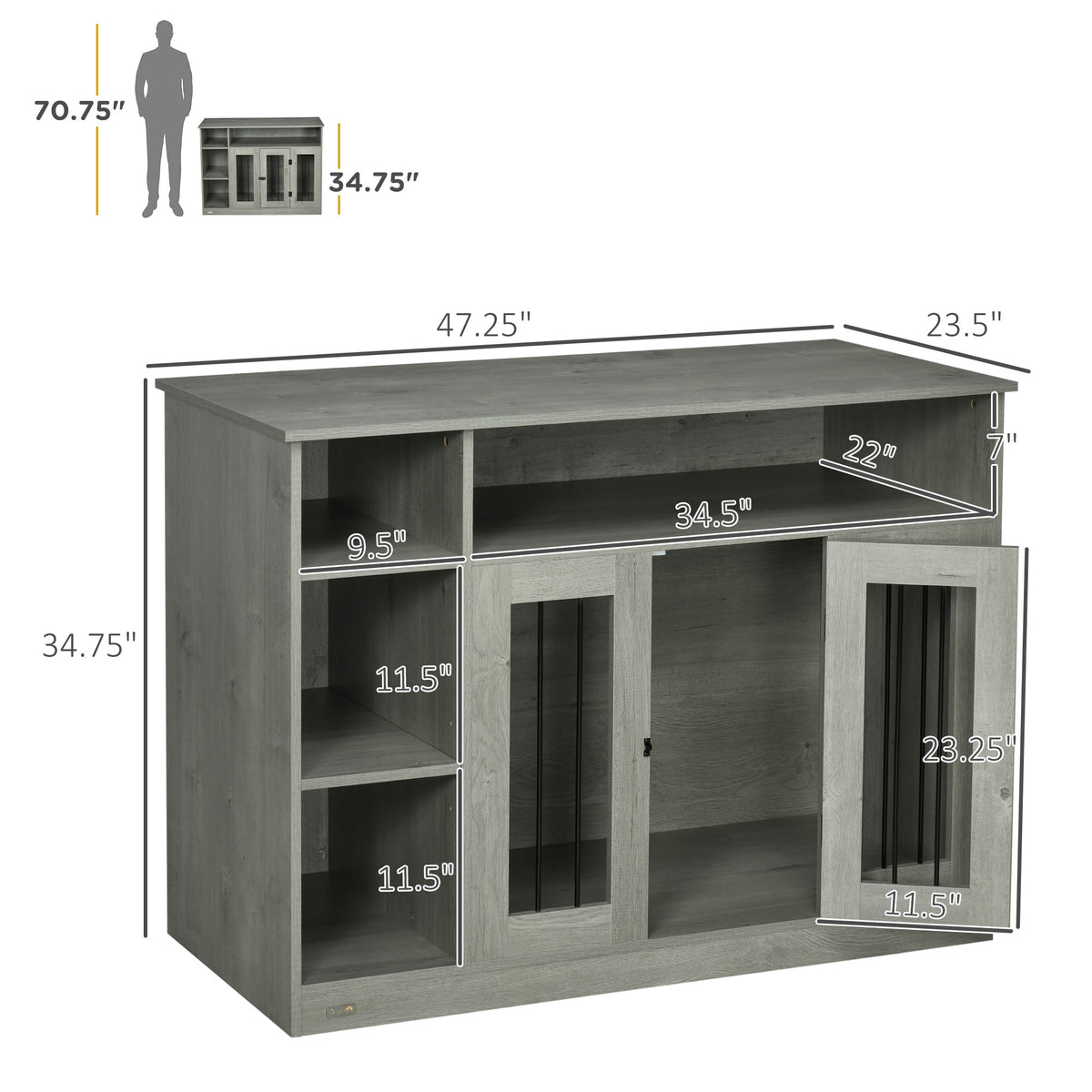 Dog Crate Furniture with Storage Space, Dog Kennel with Lockable Door, Pet Cage for Large Medium Dogs, 47" x 23.5" x 35", Gray