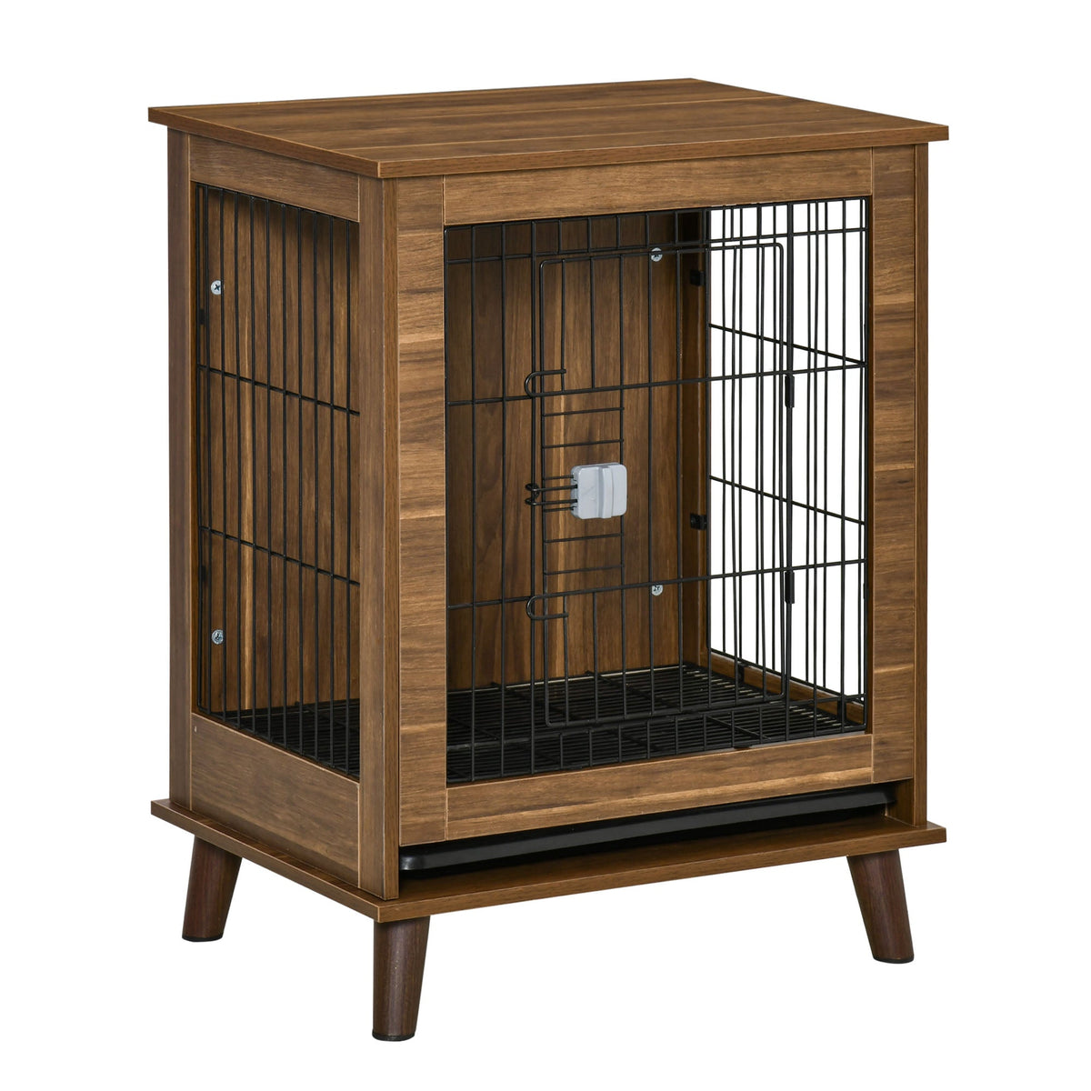 Stylish Dog Kennel, Wooden & Wire End Table Furniture with Cushion & Lockable Magnetic Doors, Small Size Pet Crate Indoor Animal Cage, Brown