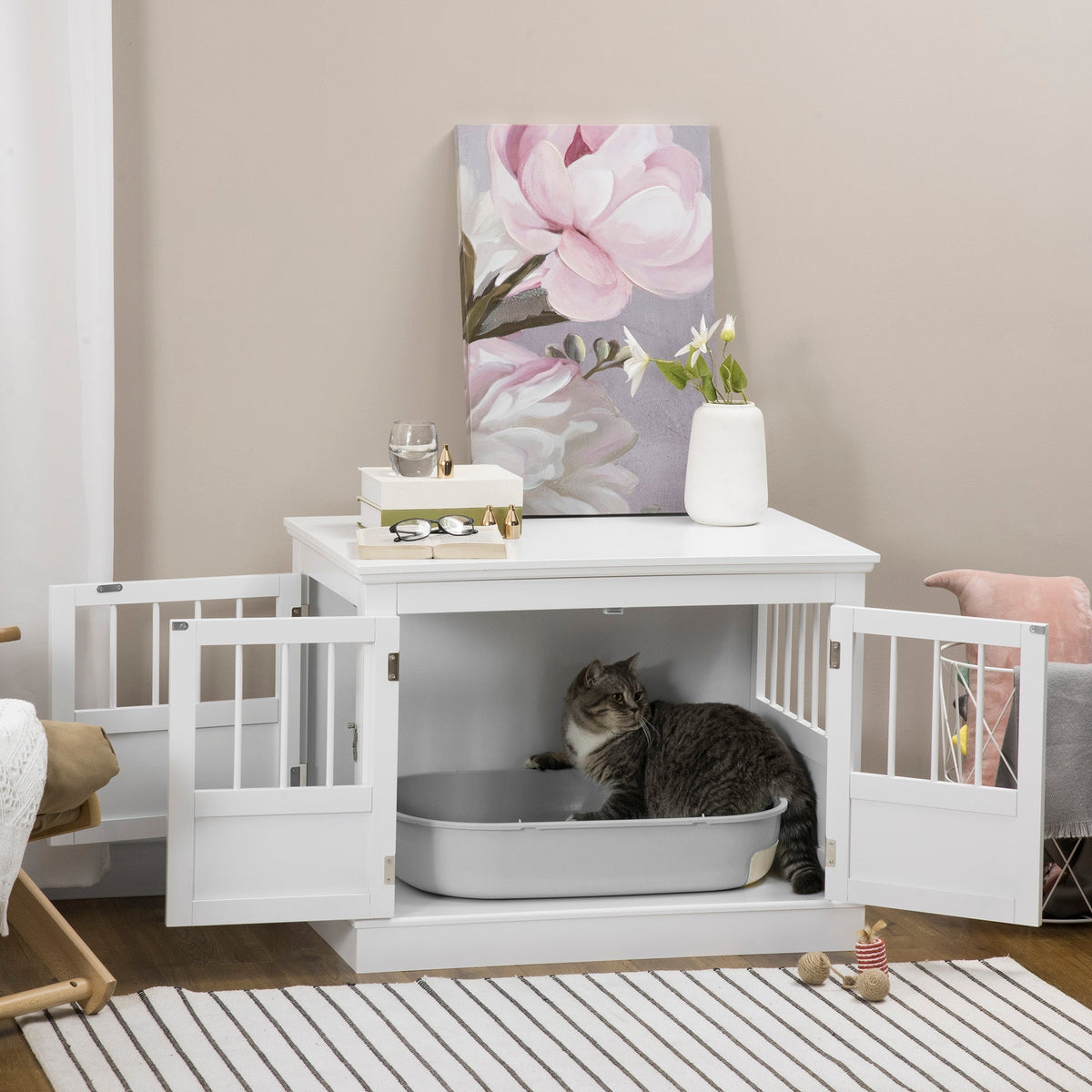 Cat Litter Box Enclosure with Magnetic Doors, Cat Washroom Nightstand with Large Top, Hidden Litter Box Side Table with Latches, White