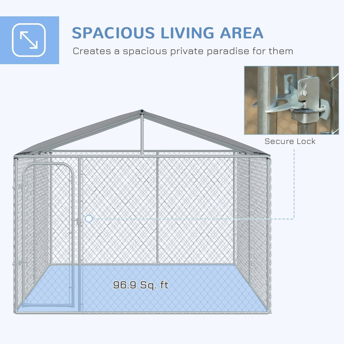 Outdoor Metal Dog Kennel, Pet Playpen with Steel Lock, Mesh Sidewalls and Cover for Backyard & Patio, 9.8' x 9.8' x 7.7'