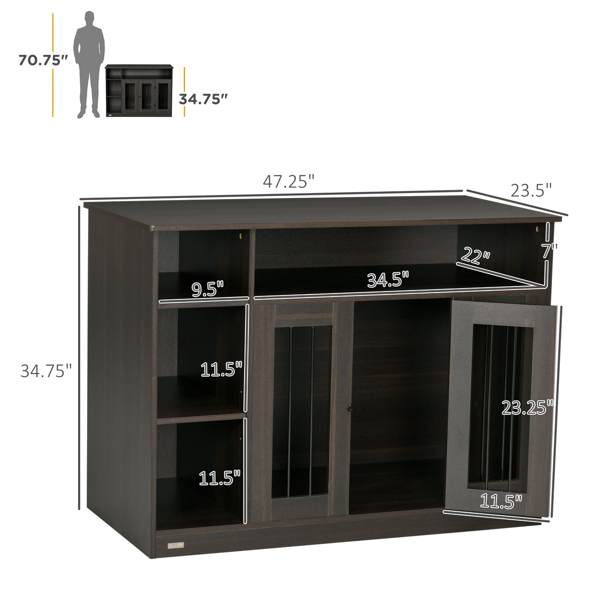 Dog Crate Furniture with Storage Space, Dog Kennel with Lockable Door, Pet Cage for Large Medium Dogs, 47" x 23.5" x 35", Brown