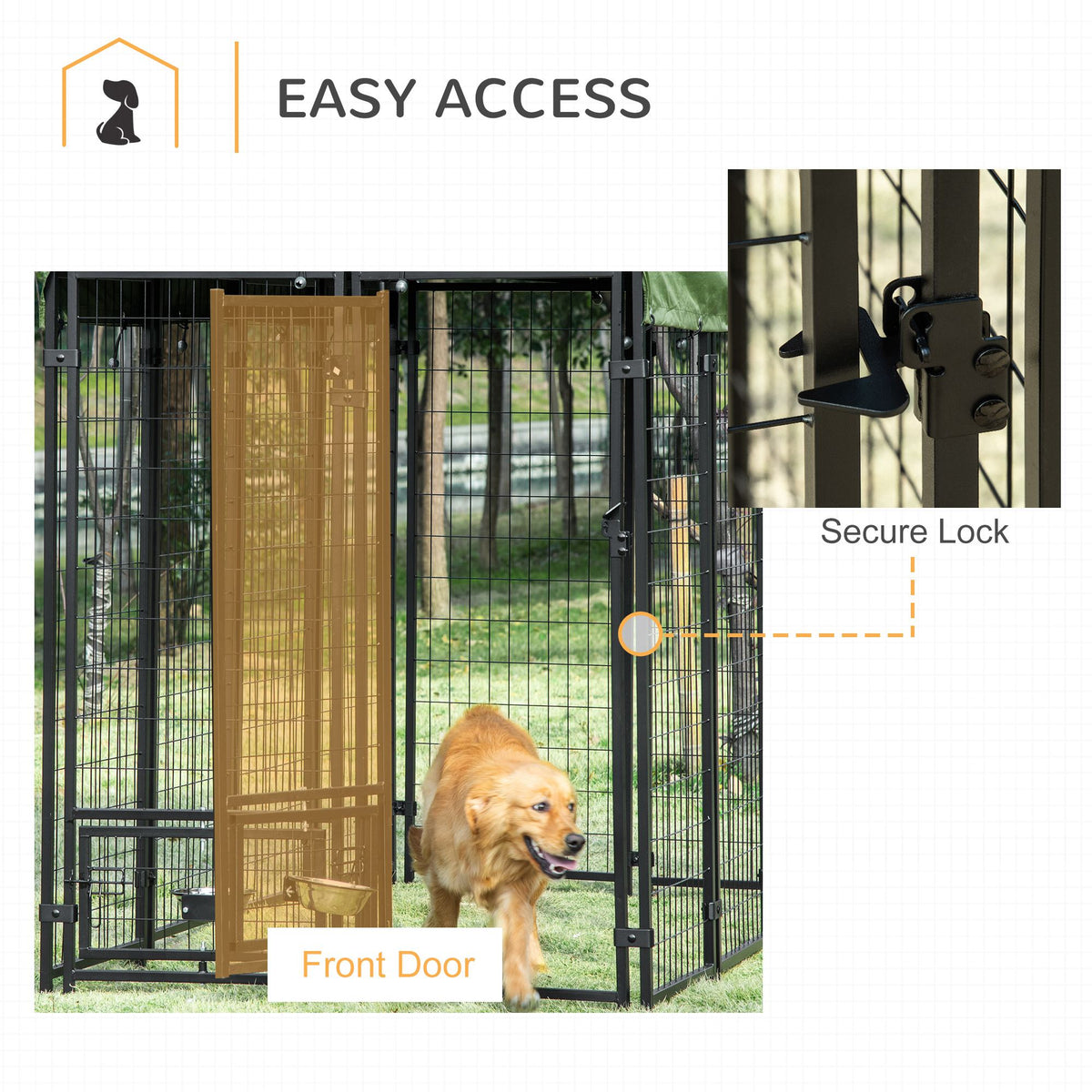 Outdoor Dog Kennel, Lockable Pet Playpen Crate, Welded Wire Steel Fence, with Water-, UV-Resistant Canopy, Rotating Bowl Holders, Door