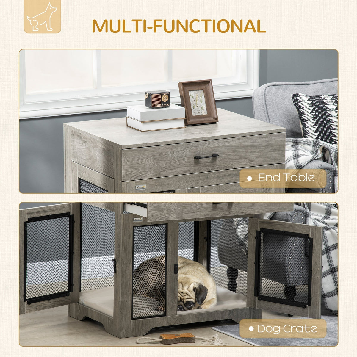 Dog Crate Furniture with Soft Water-Resistant Cushion, Dog Crate End Table with Drawer, Puppy Crate for Small Dogs Indoor with 2 Doors, Grey