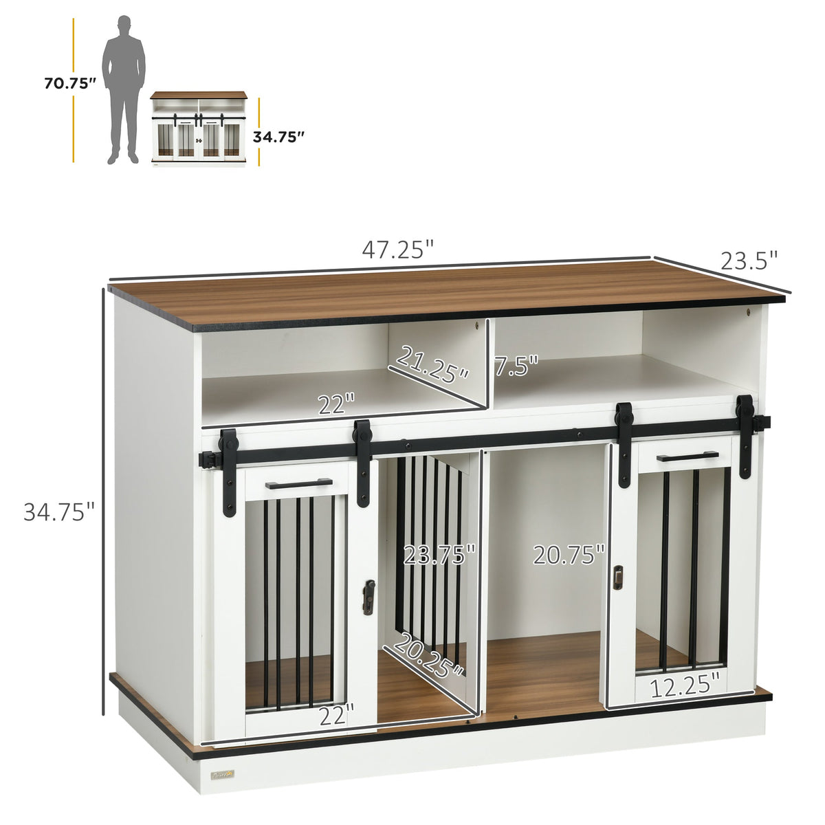 Dog Crate Furniture for Large Dogs, Double Dog Kennel for Small Dogs with Shelves, Sliding Doors, 47" x 23.5" x 35", White