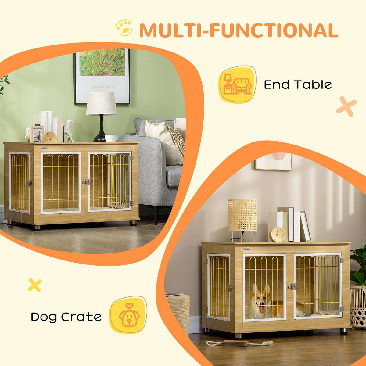 Dog Crate Side End Table Indoor with Soft Cushion, Double Doors, for Medium Large Dogs