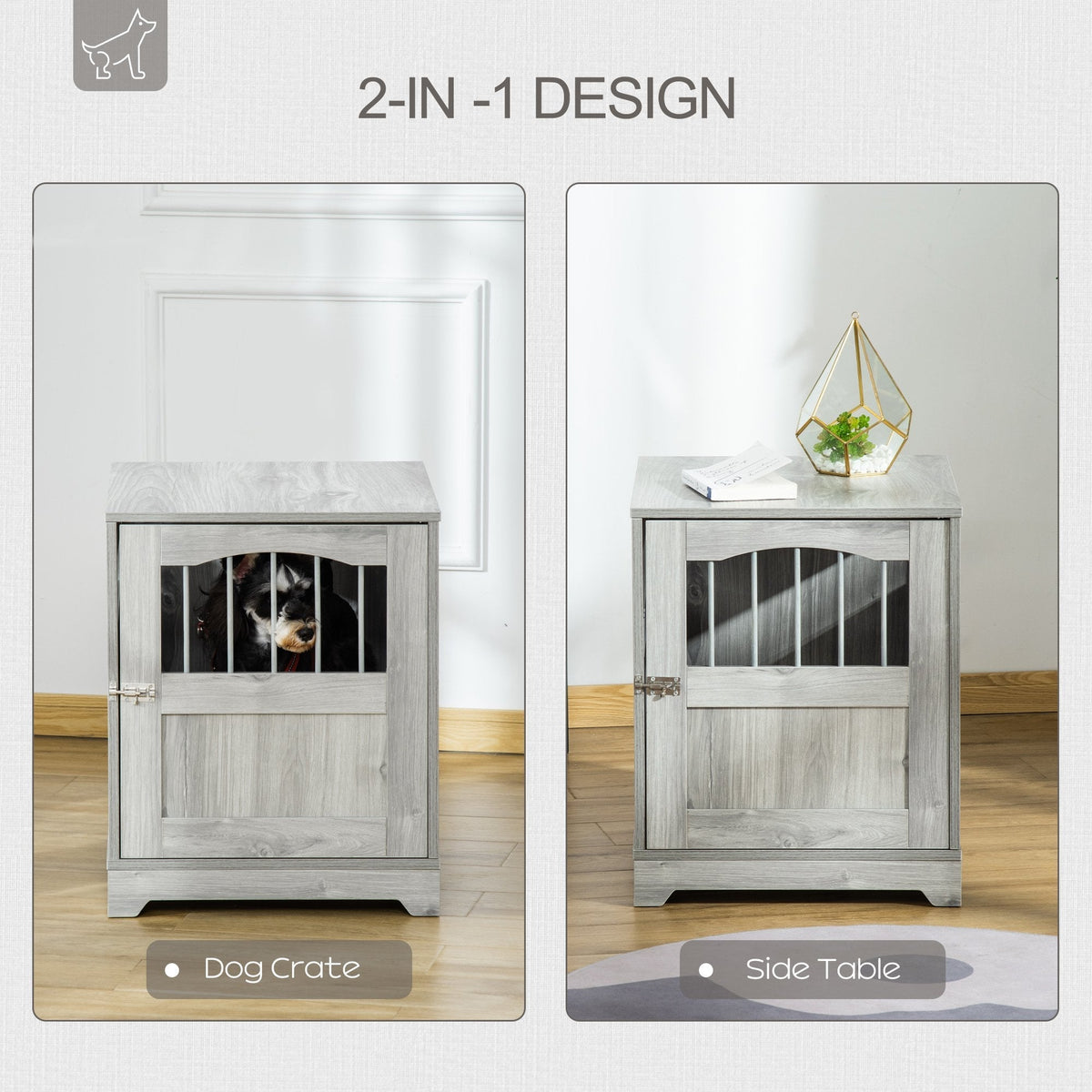 Furniture Stylish Dog Kennel, Wooden & Wire End Table with Cushion & Lockable Door, Miniature Size Pet Crate Indoor Puppy Cage, Grey