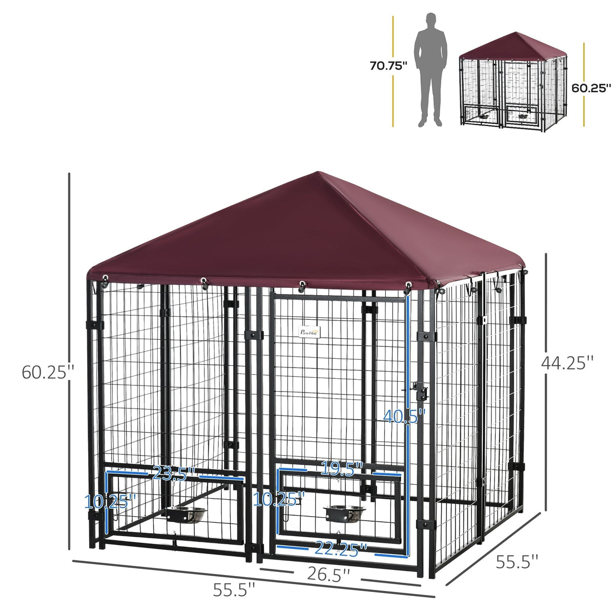 Indoor/Outdoor Metal Dog Kennel, Dog House with Lock, Weather Resistant Canopy and 2 Bowl Holders and Bowls, 4.6' x 4.6' x 5', Black / Red