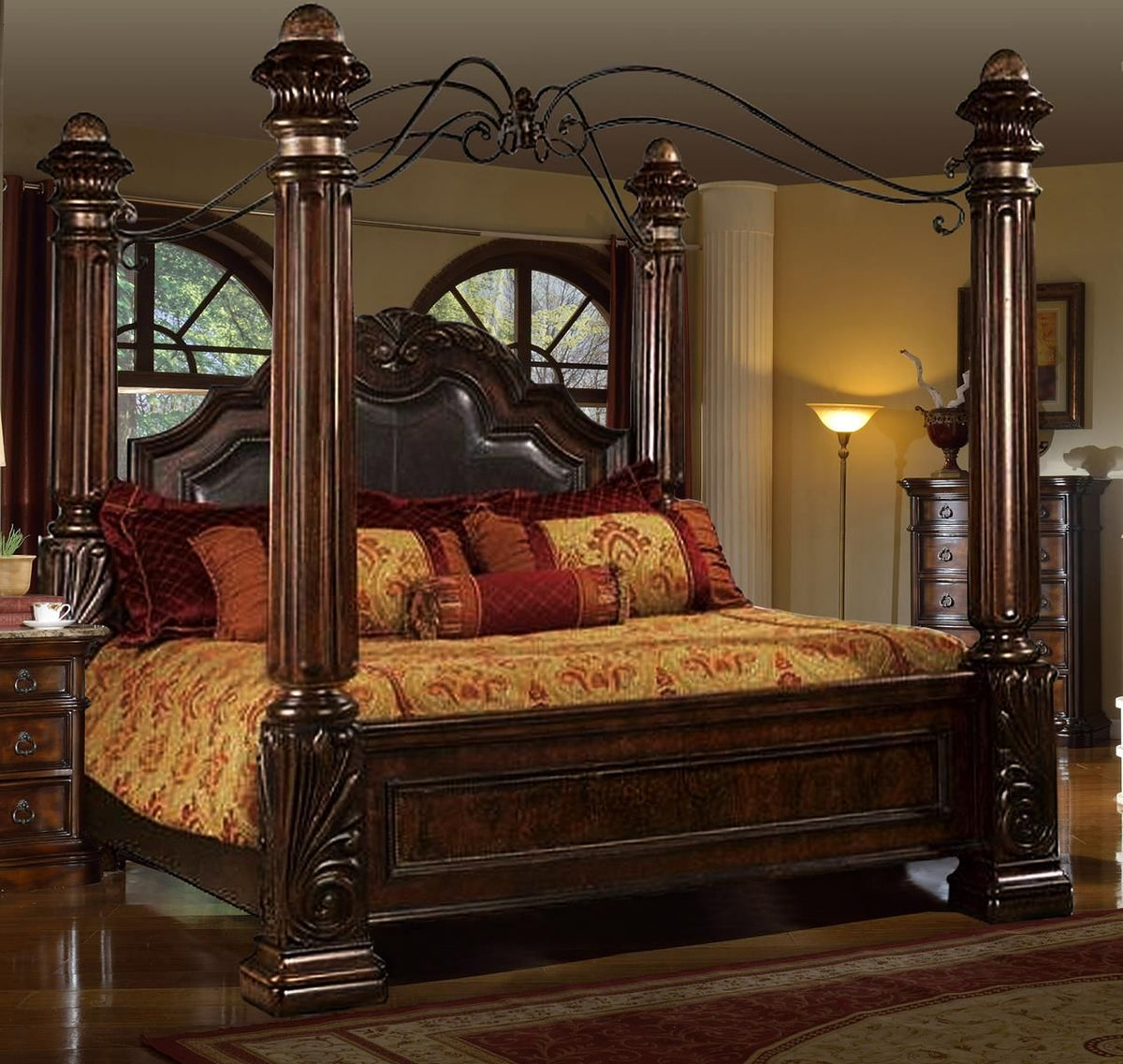 McFerran Home Furnishings B6005 Canopy Bedroom Set – Traditional Carved Solid Wood in Rich Brown Finish
