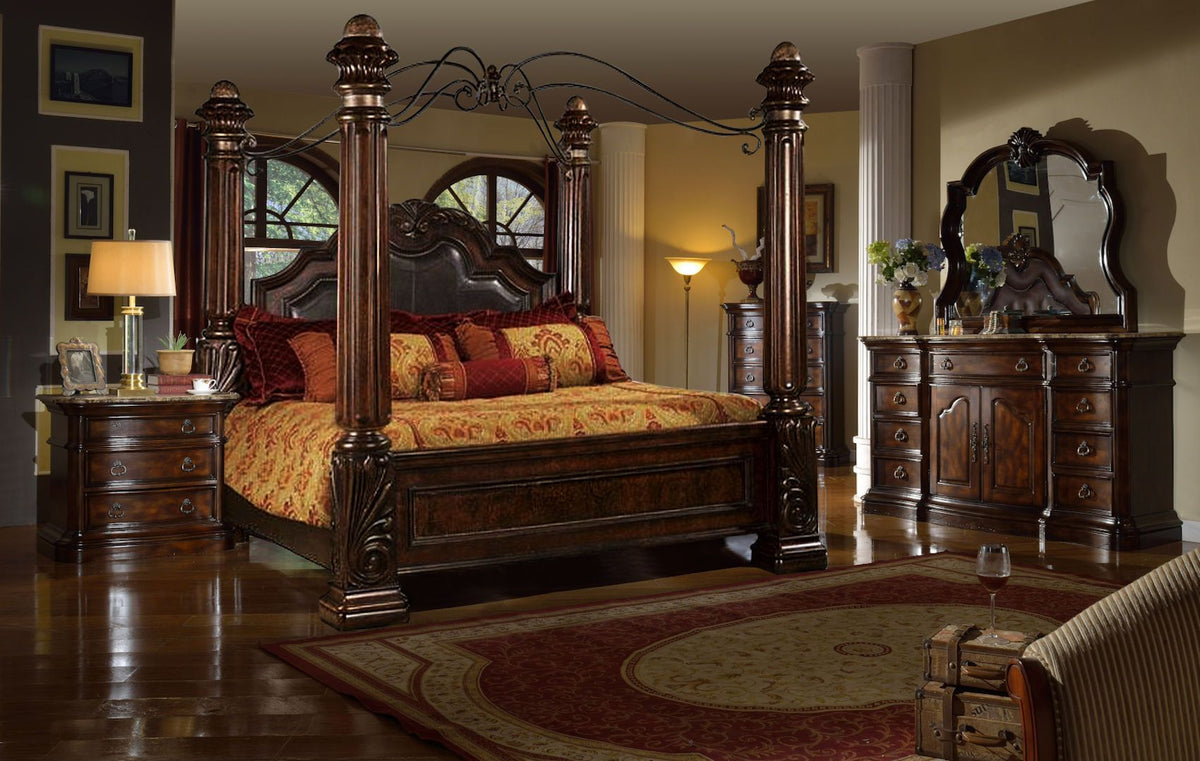 McFerran Home Furnishings B6005 Canopy Bedroom Set – Traditional Carved Solid Wood in Rich Brown Finish
