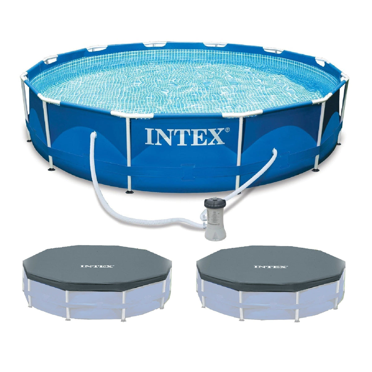 INTEX 12'x30" Metal Frame Swimming Pool with Filter Pump & Pool Cover (2-Pack) image 0