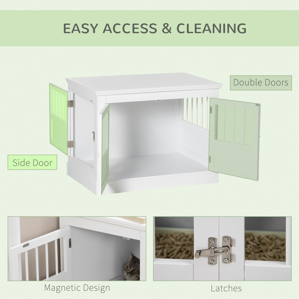Cat Litter Box Enclosure with Magnetic Doors, Cat Washroom Nightstand with Large Top, Hidden Litter Box Side Table with Latches, White