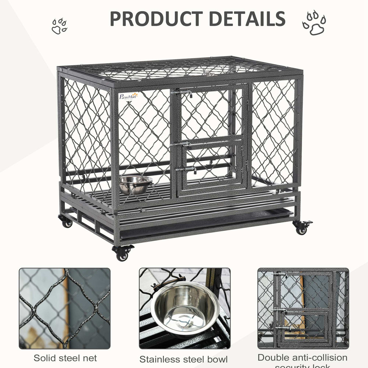 Heavy Duty Dog Cage Metal Kennel and Crate Dog Playpen with Lockable Wheels, Slide-out Tray, Food Bowl and Double Doors
