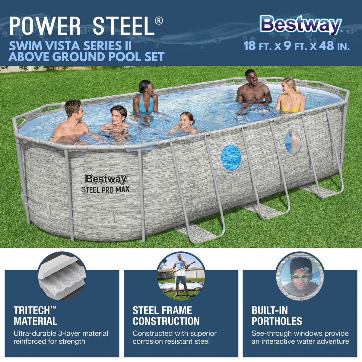 Bestway Power Steel Swim Vista 18' x 9' x 48" Above Ground Swimming Pool Set image 2