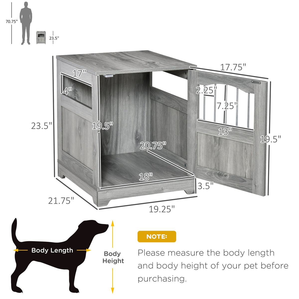 Furniture Stylish Dog Kennel, Wooden & Wire End Table with Cushion & Lockable Door, Miniature Size Pet Crate Indoor Puppy Cage, Grey