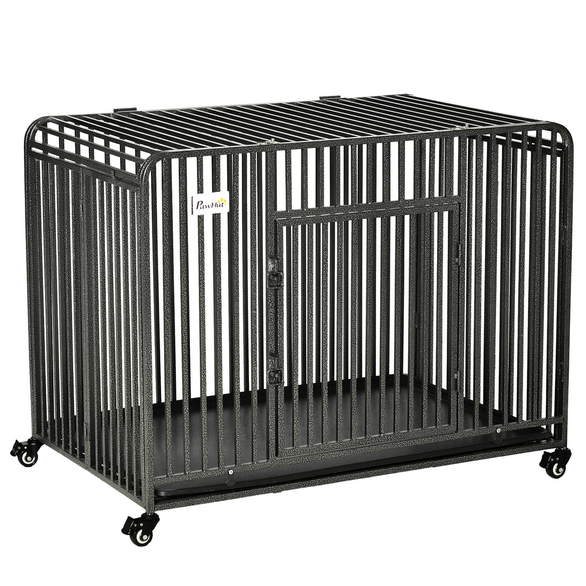 43" Heavy Duty Dog Cage, Foldable Steel Crate Kennel with Removable Tray, Double Doors, 4 Lockable Wheels for Medium & Large Dogs, Dark Silver