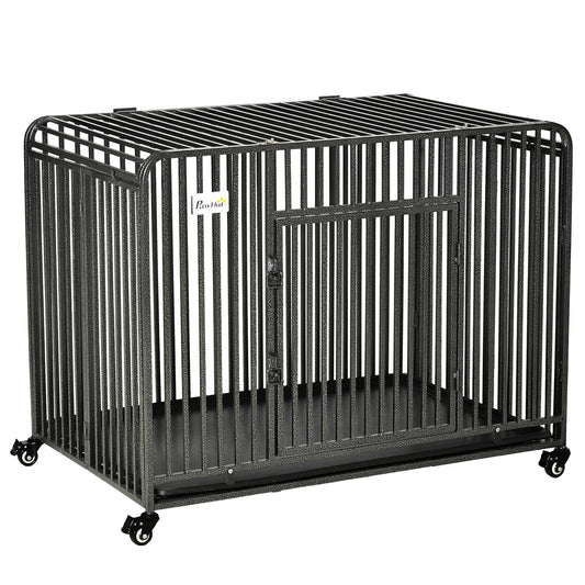 43" Heavy Duty Dog Cage, Foldable Steel Crate Kennel with Removable Tray, Double Doors, 4 Lockable Wheels for Medium & Large Dogs, Dark Silver