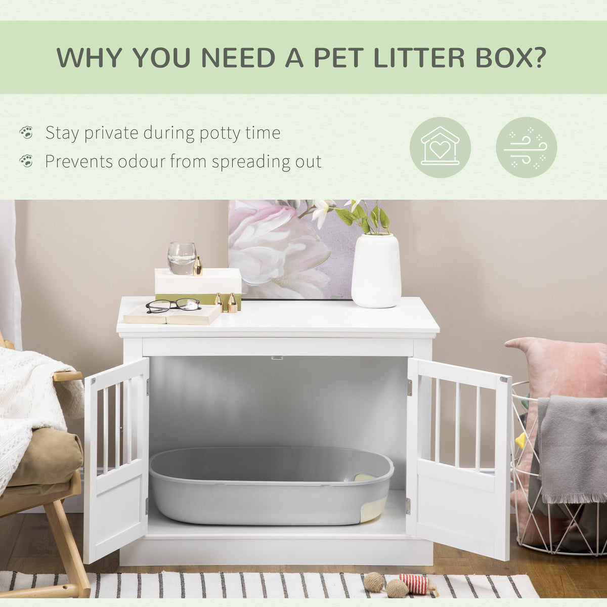 Cat Litter Box Enclosure with Magnetic Doors, Cat Washroom Nightstand with Large Top, Hidden Litter Box Side Table with Latches, White