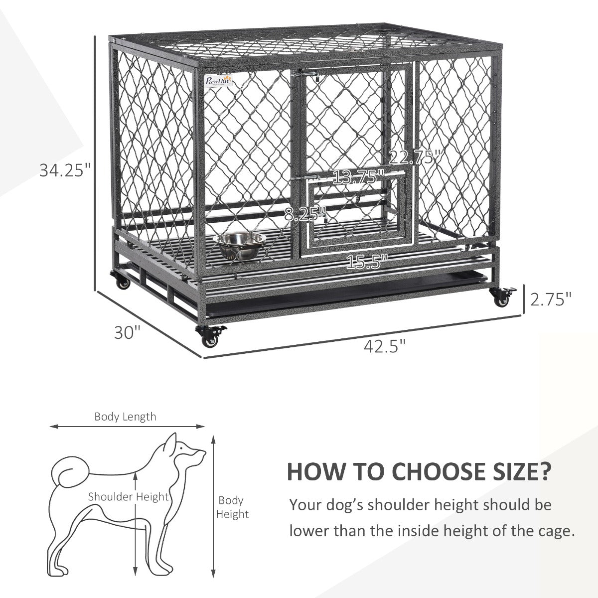 Heavy Duty Dog Cage Metal Kennel and Crate Dog Playpen with Lockable Wheels, Slide-out Tray, Food Bowl and Double Doors