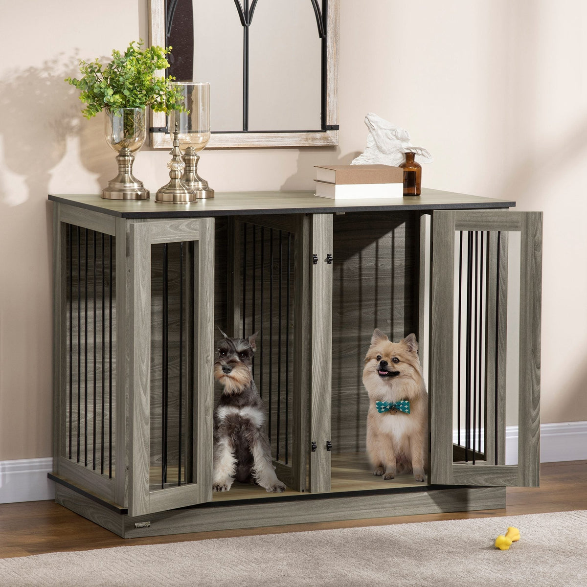 Dog Crate Furniture with Divider Panel, Dog Kennel End Table for Large Dogs, Decorative Pet House with Two Rooms Design, for 2 Small Dogs