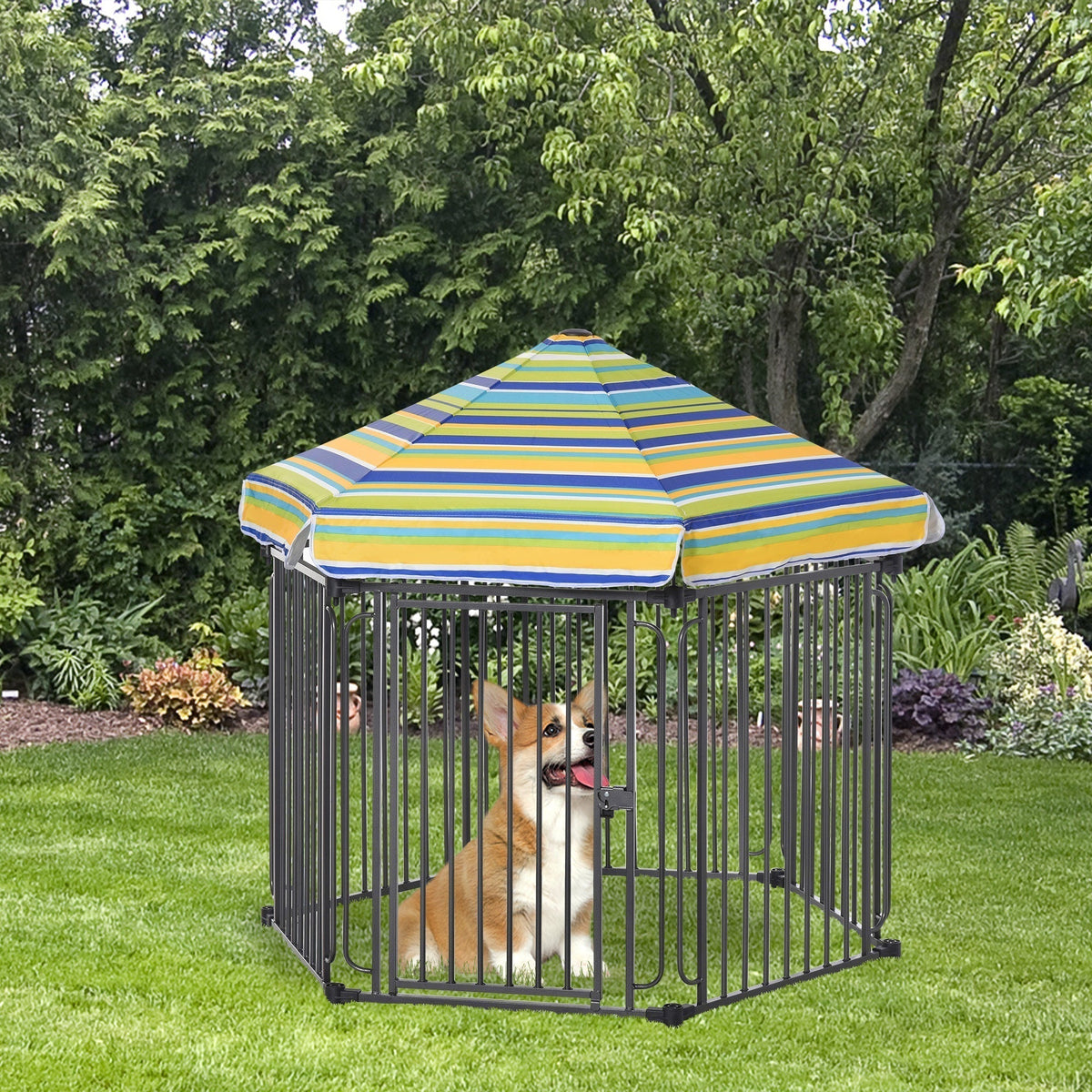 47" Heavy-duty Pet Playpen Kennel with Door & Removable Cover 6 Panels Freestanding Puppy Crate Fence for Small Medium Sized Dogs