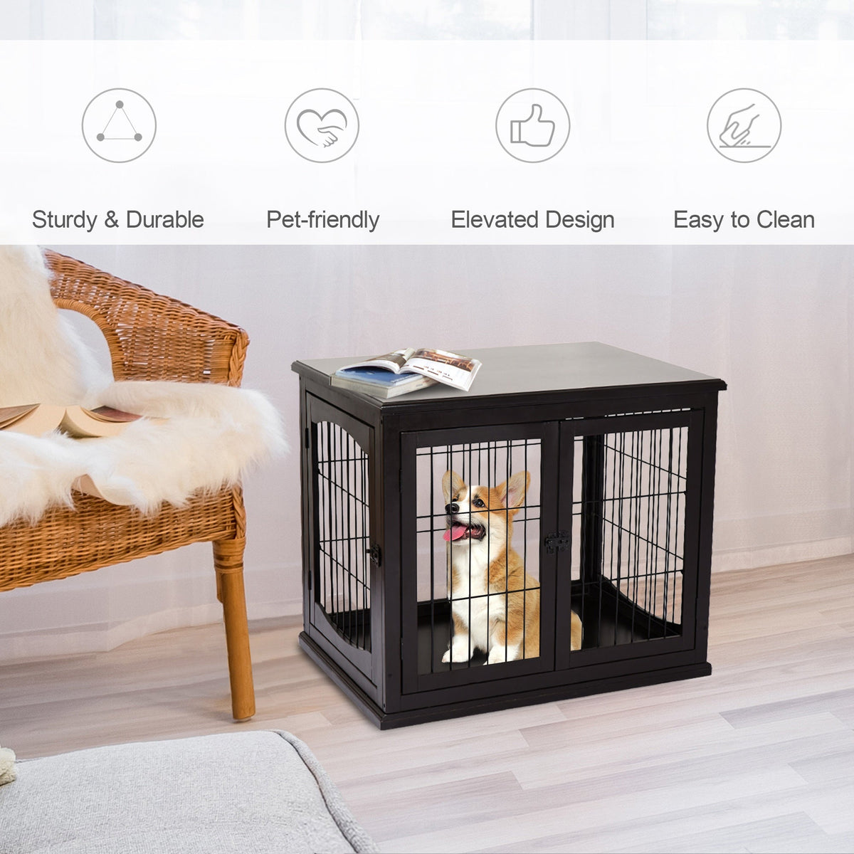 26'' Decorative Dog Cage Wooden Pet Crate Kennel with Double Door Entrance & a Simple Modern Design