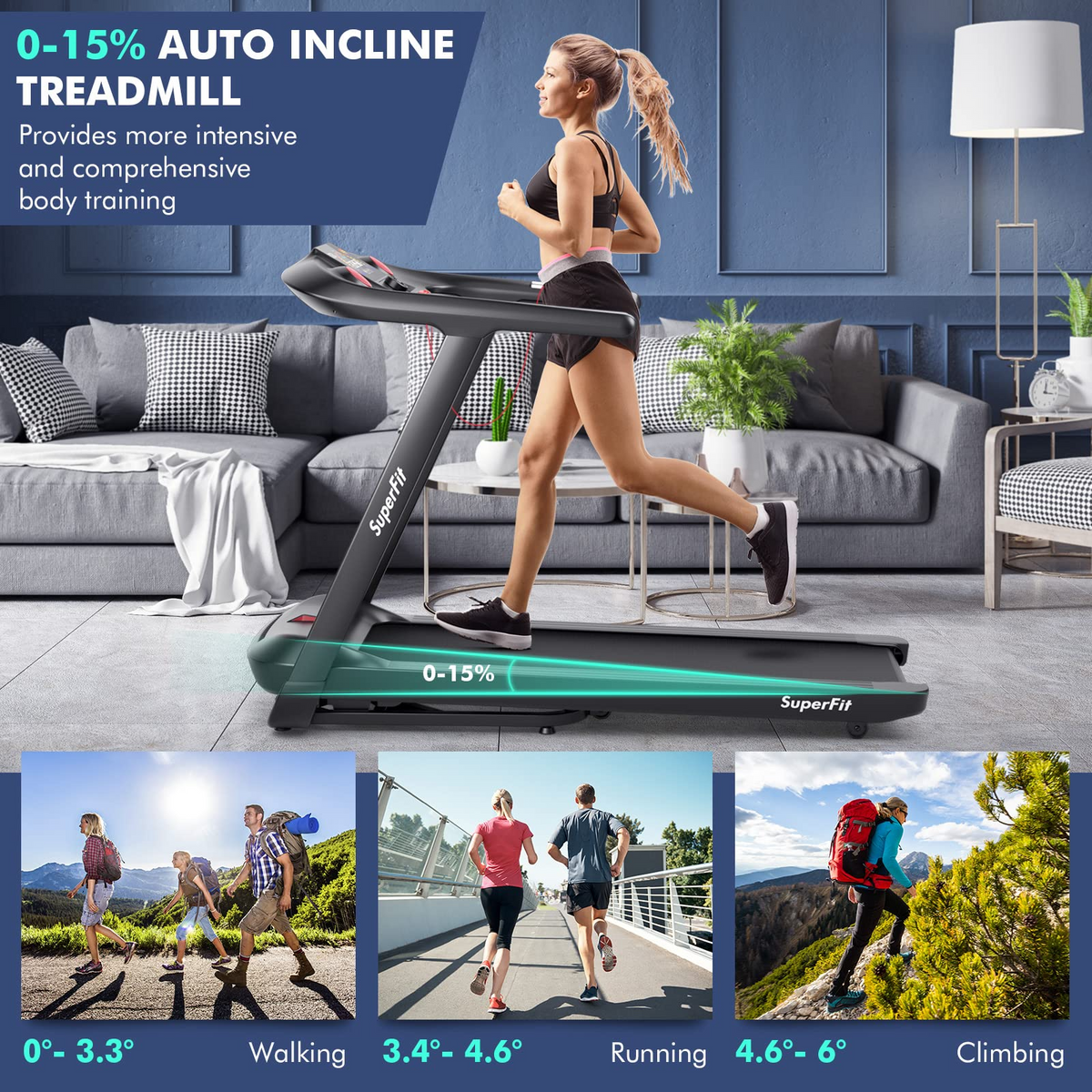 Goplus 4.75HP Folding Treadmill with 15% Auto Incline, Electric Superfit Treadmill w/Voice and APP Control