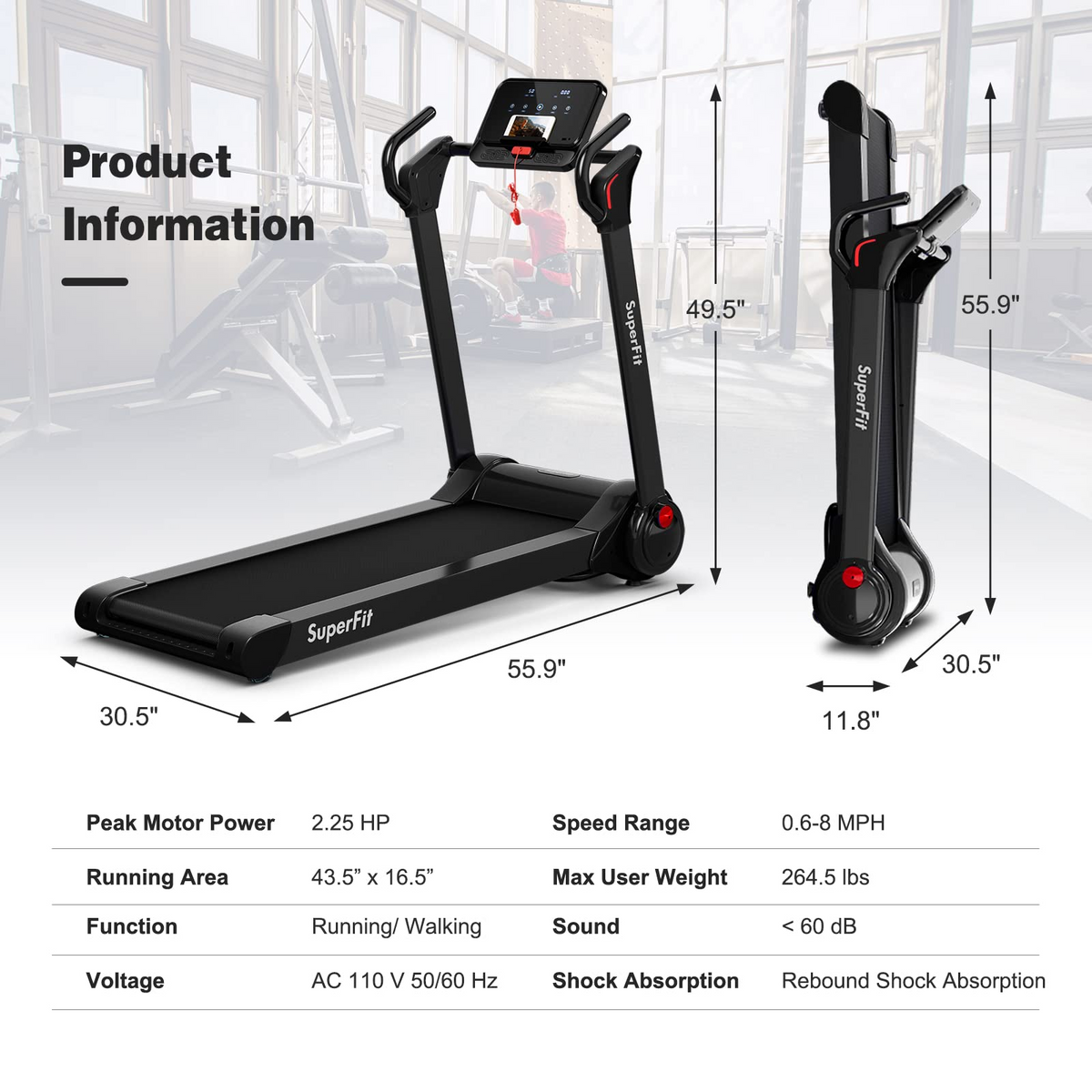 Goplus 2.25HP Folding Treadmill, Electric Superfit Treadmill W/LED Display