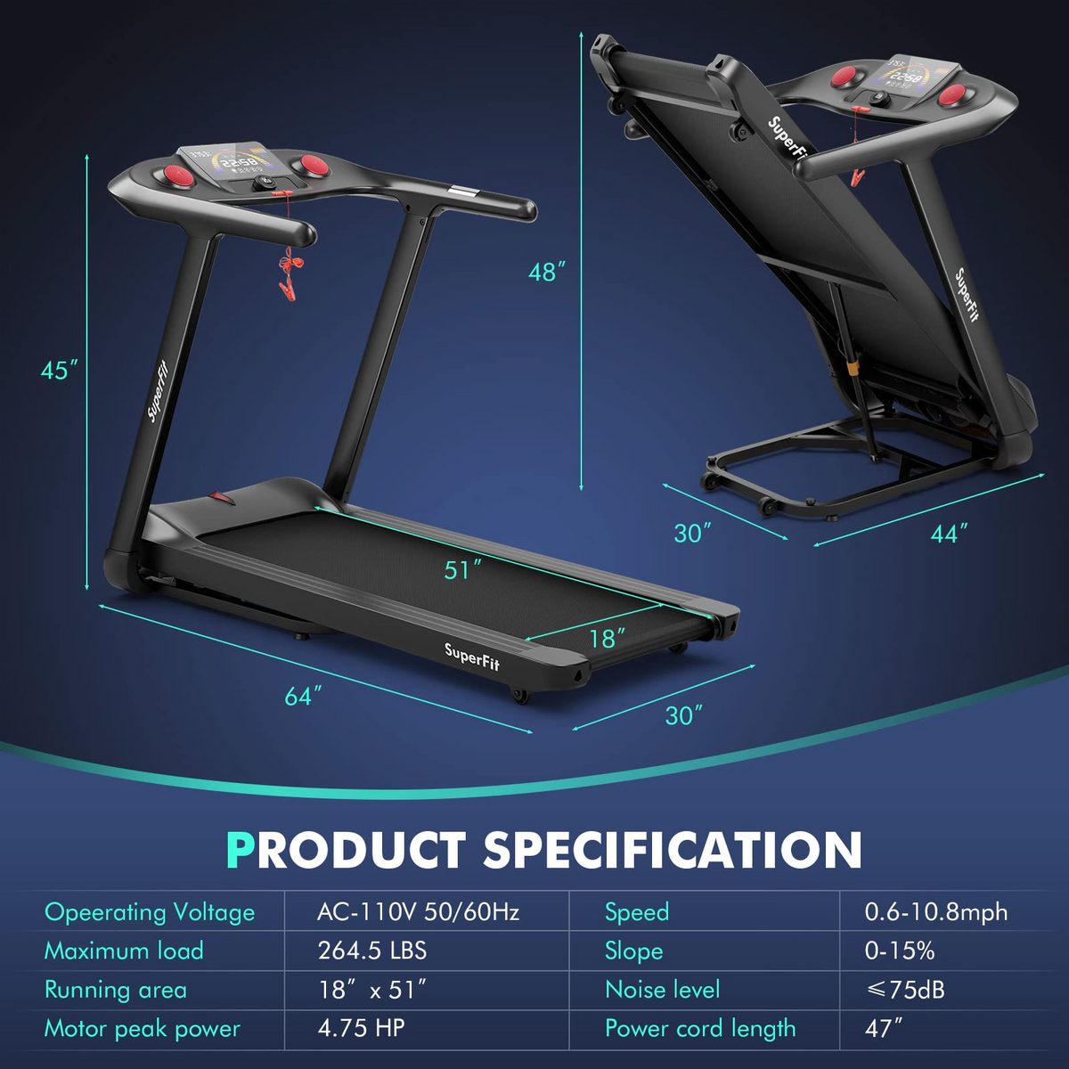 Goplus 4.75HP Folding Treadmill with 15% Auto Incline, Electric Superfit Treadmill w/Voice and APP Control